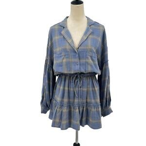 Fore NWT Boutique Blue Gray Plaid 100% Cotton Long Sleeve Mini Shirt Dress